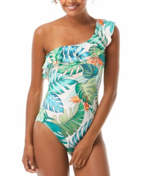 Vince Camuto Printed Ruffle One-Shoulder One-Piece Swimsuit, Size 10 by Vanessa Jane