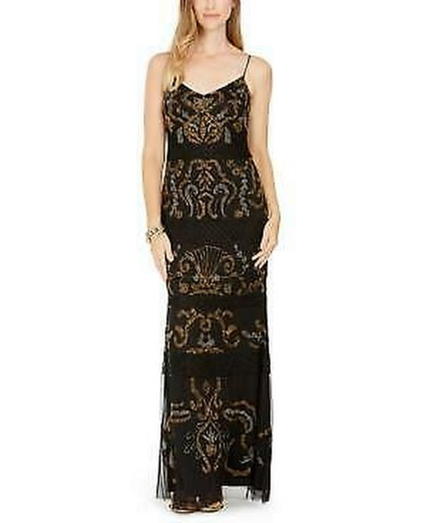 Adrianna Papell Womens Black Beaded Spaghetti Strap , Size 2 by Vanessa Jane