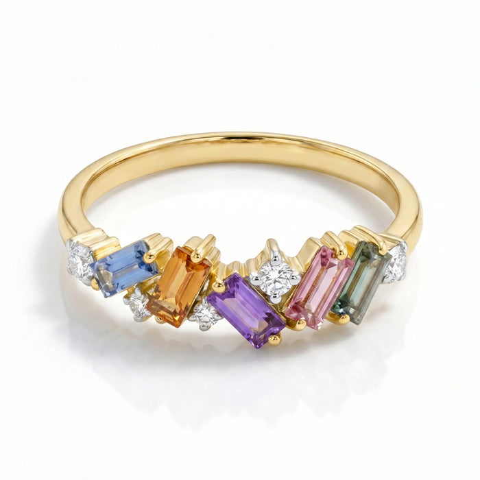 IGI Certified 0.65 Ct Baguette Multi Color Unheated Sapphire and Diamond 14K Yellow Gold Engagement Half Eternitiy Ring by Fine Color Jewels