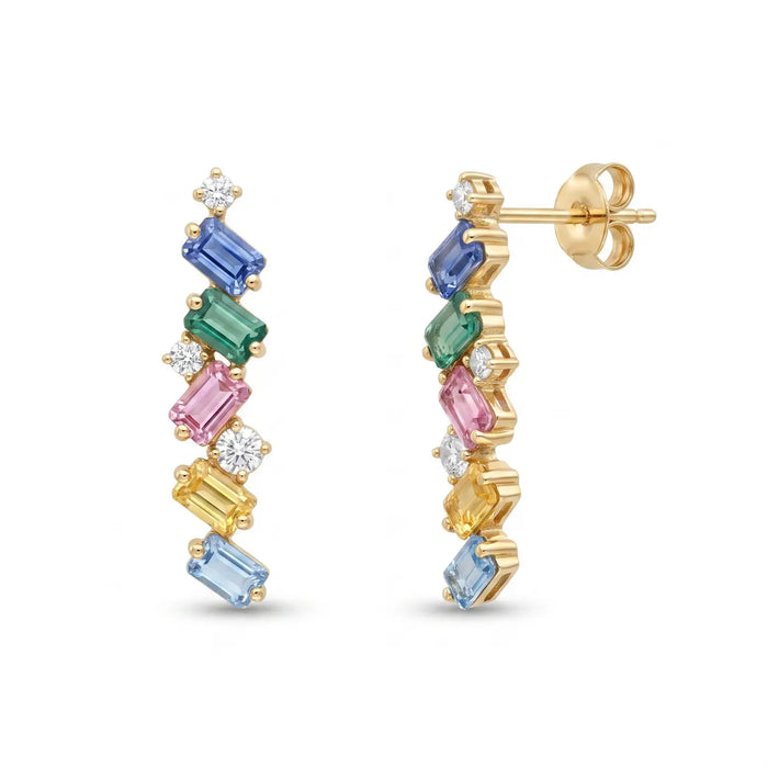 IGI Certified 0.97 Ct Multi Color Unheated Sapphire and Diamond 14K Yellow Gold Zigzag Drop Earrings by Fine Color Jewels