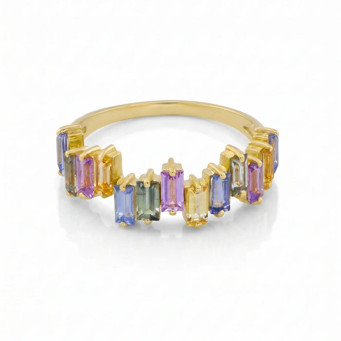 IGI Certified 1.02 Ct Baguette Multi Color Unheated Sapphire Prong 14K Yellow Gold Asymmetrical Engagement Ring by Fine Color Jewels