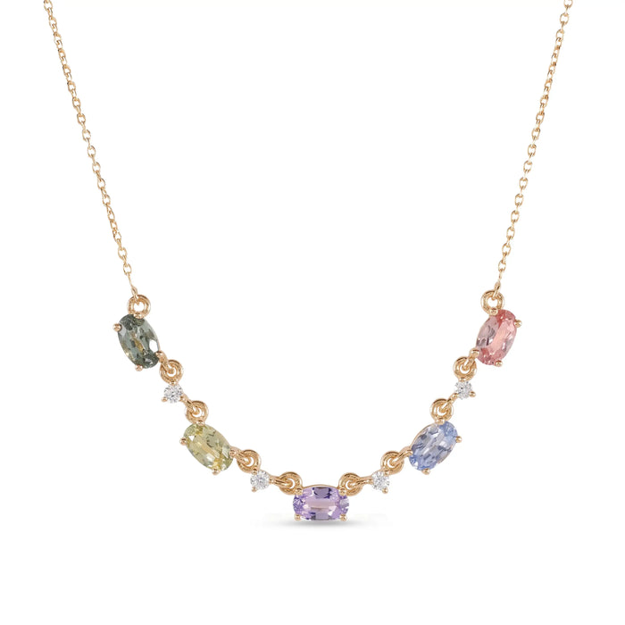 IGI Certified 1.80 Ct Multi Color Unheated Sapphire and Diamond 14K Yellow Gold Curved Necklace by Fine Color Jewels