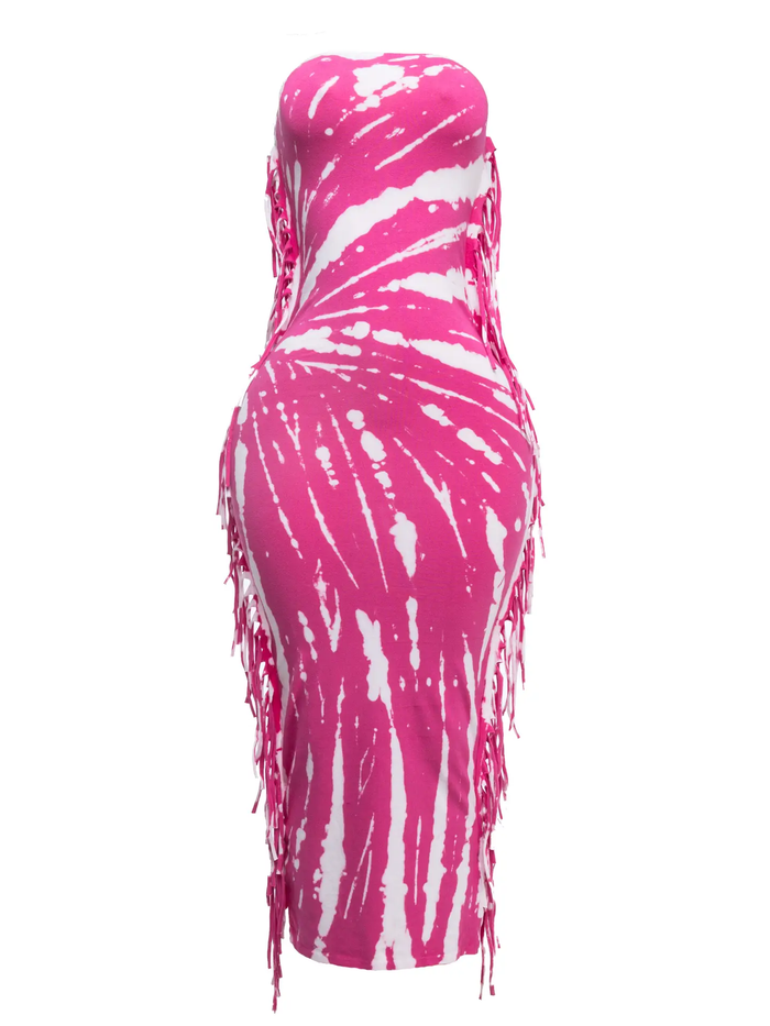 Tie Dye Strapless Fringed Maxi Dress by The House of Stylez
