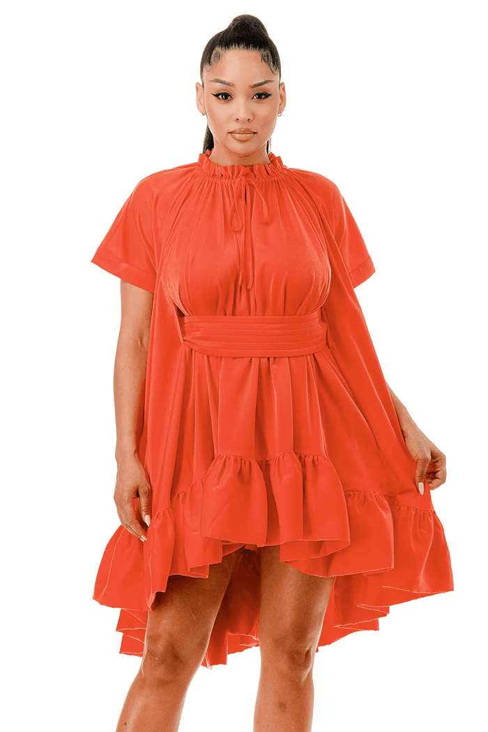 Short Sleeve Cape Style Belted Ruffled Flare Mini Dress by The House of Stylez