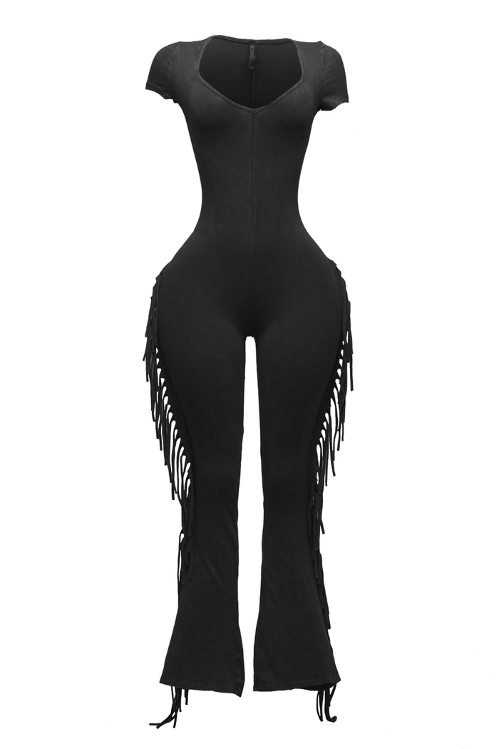Mineral Washed Fringe Jumpsuit by The House of Stylez