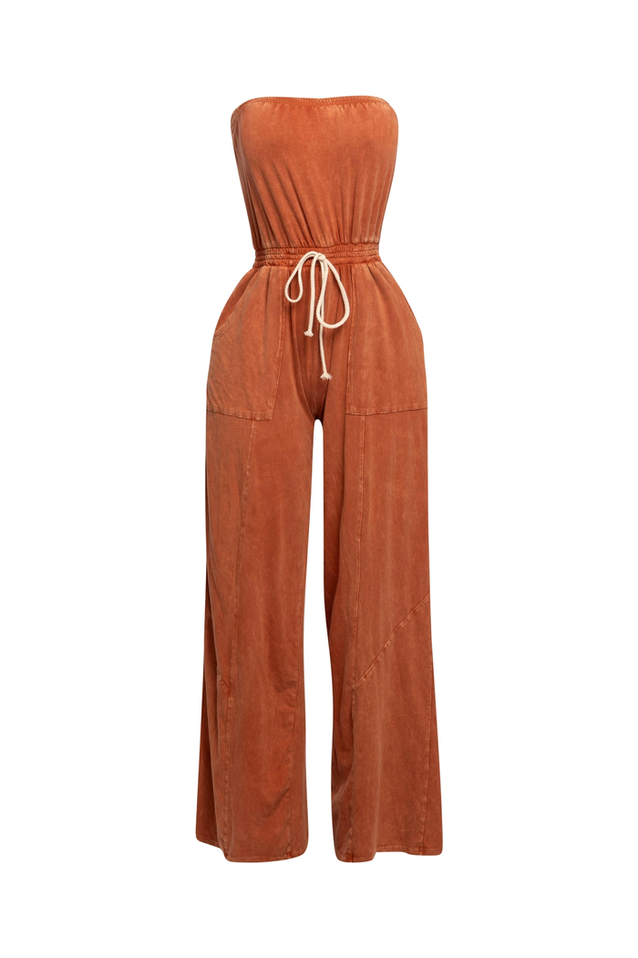 Curvy Mineral Washed Strapless Wide Leg Jumpsuit by The House of Stylez