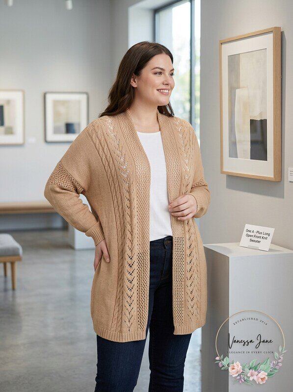One A Womens Plus Long Sweater Open-Front Sweater by Vanessa Jane