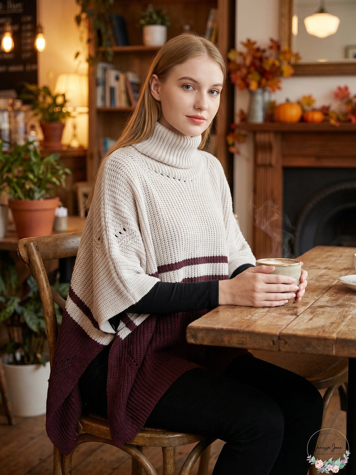 Save the Ocean Sustainable Color Block Pullover Turtleneck Poncho by Vanessa Jane