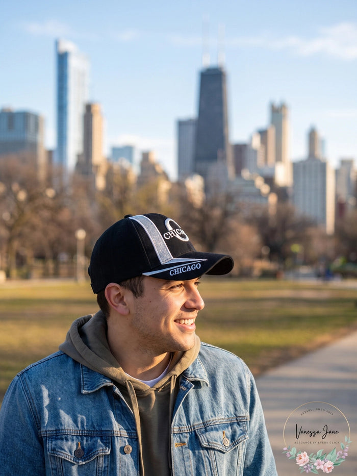 Parquet Chicago Black 3D Embroidered Baseball Cap, Hat by Vanessa Jane