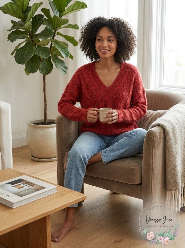 Lucky Brand V-Neck Eyelash Sweater in Winery, Size X-Large by Vanessa Jane