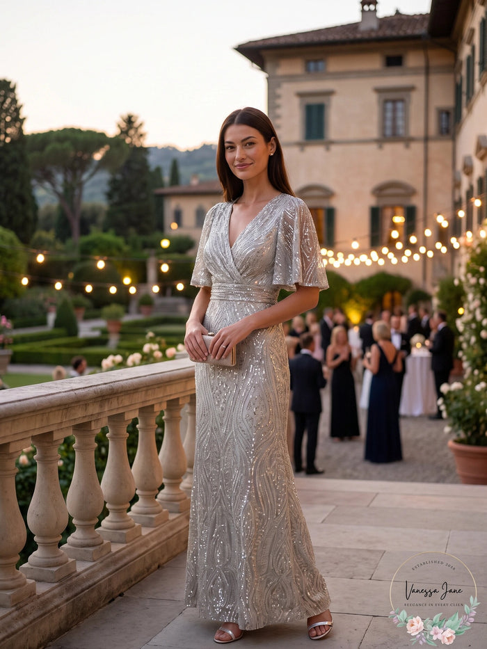 Lauren Ralph Lauren Sequined Elbow-Sleeve Gown – Pearlescent, Size 4 by Vanessa Jane