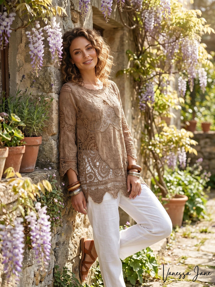 Oddy Boutique Taupe Crochet Long Sleeve Top, Size S/M by Vanessa Jane