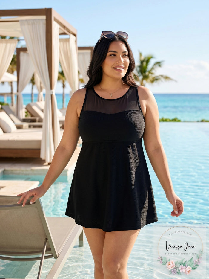 Swim Solutions Plus Size Mesh-Trim Tummy-Control Swimdress, Size 22W by Vanessa Jane