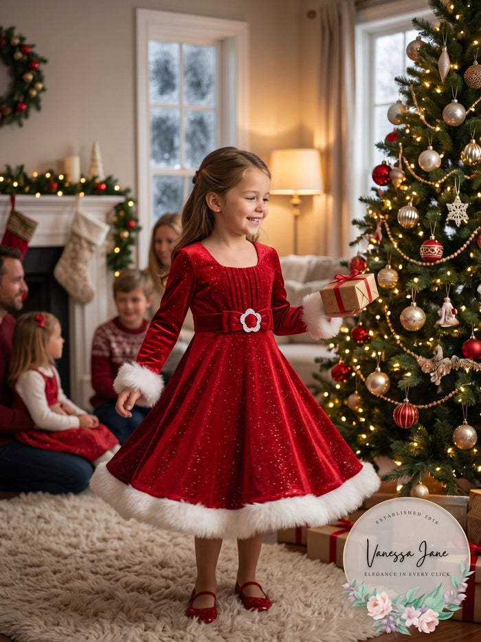 Bonnie Jean Baby Girls Red Sparkle Velvet Faux Fur Cuff Christmas Dress, 24Mo by Vanessa Jane