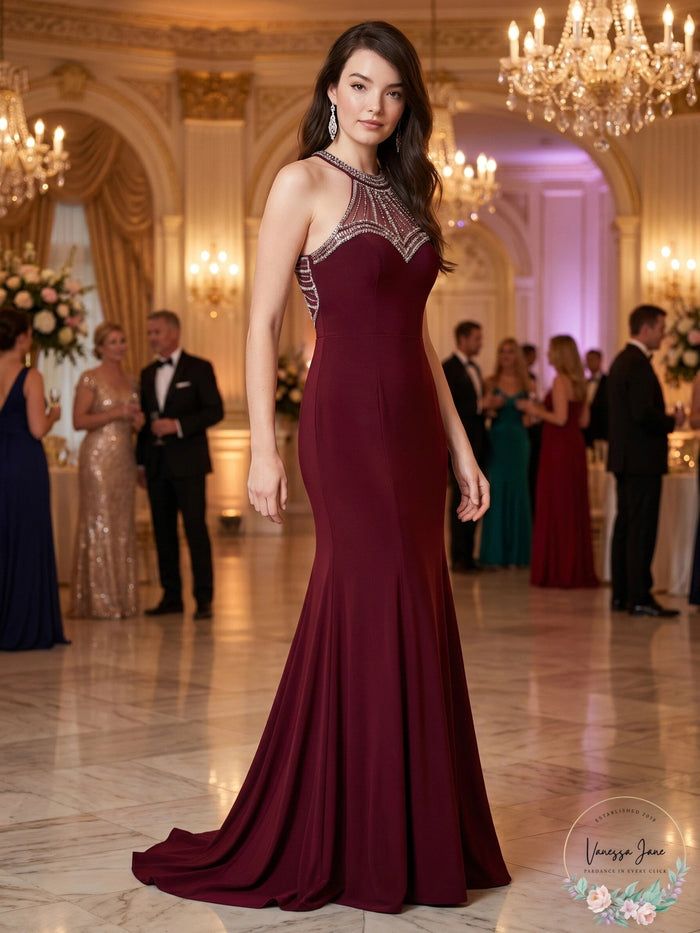 Say Yes to the Prom Juniors Embellished Halter Gown by Vanessa Jane