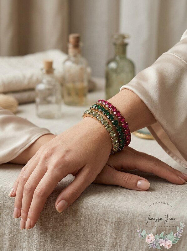 Inc Gold-Tone Set Green, Red, And Rhinestone Stretch Bracelets by Vanessa Jane