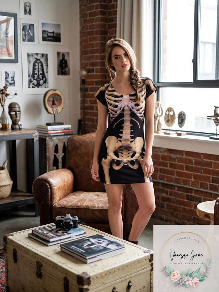 Faux Real Skeleton Sublimated Photorealistic Halloween Costume Dress, Medium by Vanessa Jane