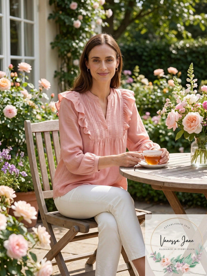 Lauren Ralph Lauren Bib-Front Cotton-Blend Top – Rose Tan, Size Large by Vanessa Jane
