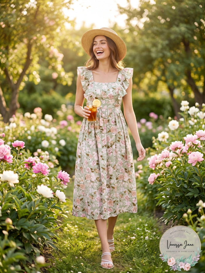 En Saison Maris Floral a-Line Dress in Sage, Size Medium by Vanessa Jane
