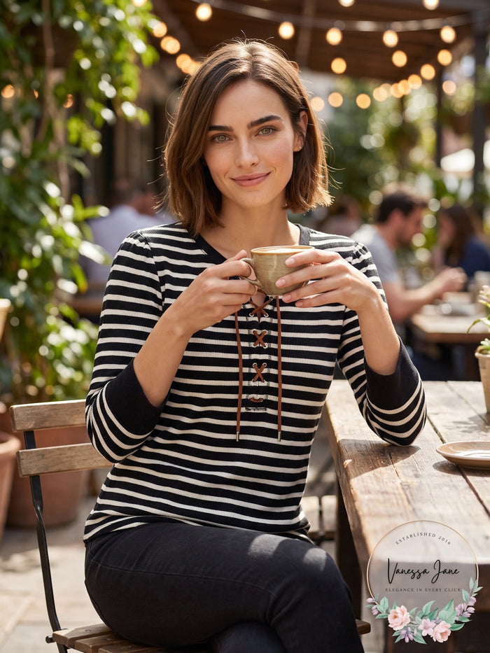 Lauren Ralph Lauren Striped Waffle-Knit Drawcord Top – Polo Black, Size XL by Vanessa Jane
