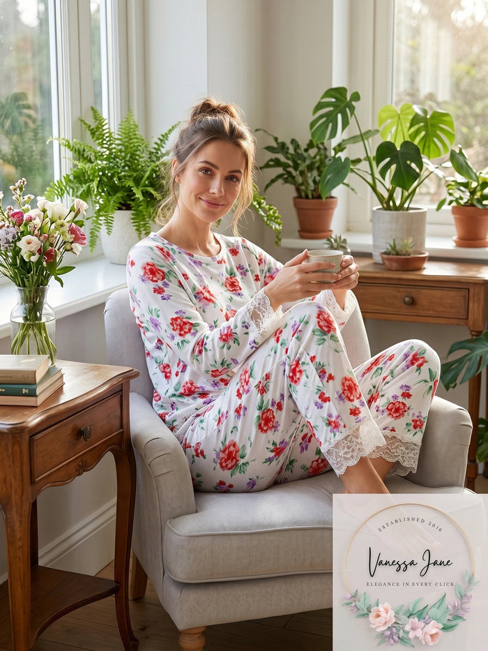 Charter Club Lace-Trim Pajama Pants Blossoms White, Size Large by Vanessa Jane