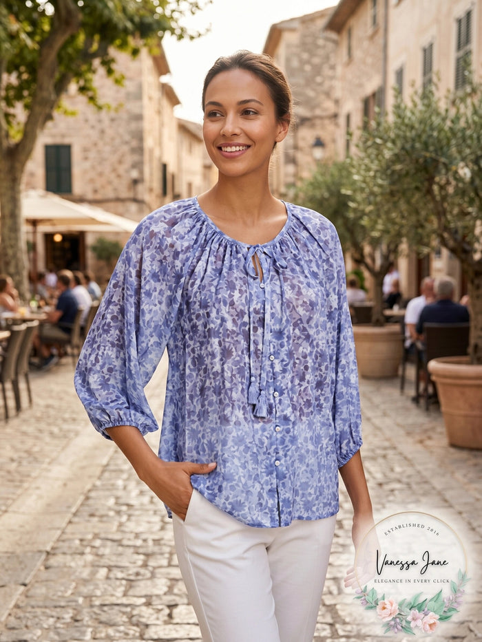 Cupio Womens 3/4 Sleeve Tie Neck Peasant Blouse by Vanessa Jane