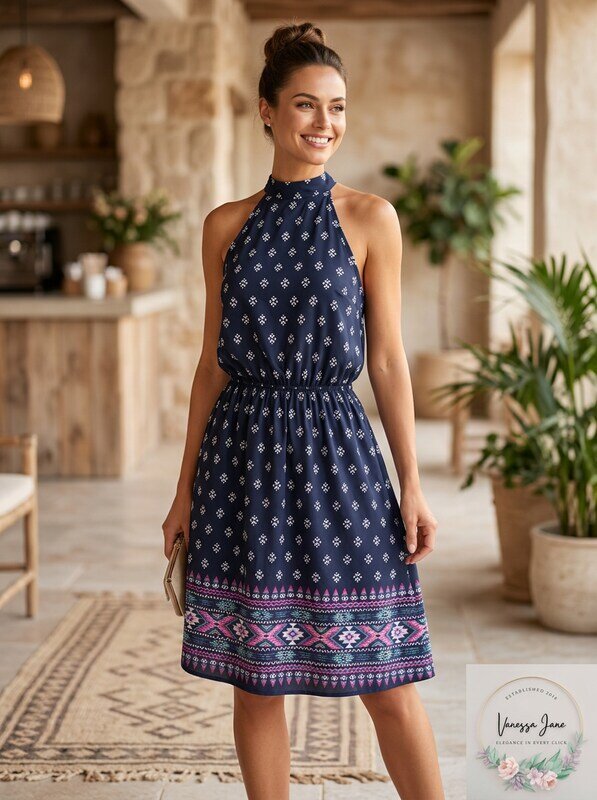 Aqua Border Print Handkerchief Dress, Size XS by Vanessa Jane