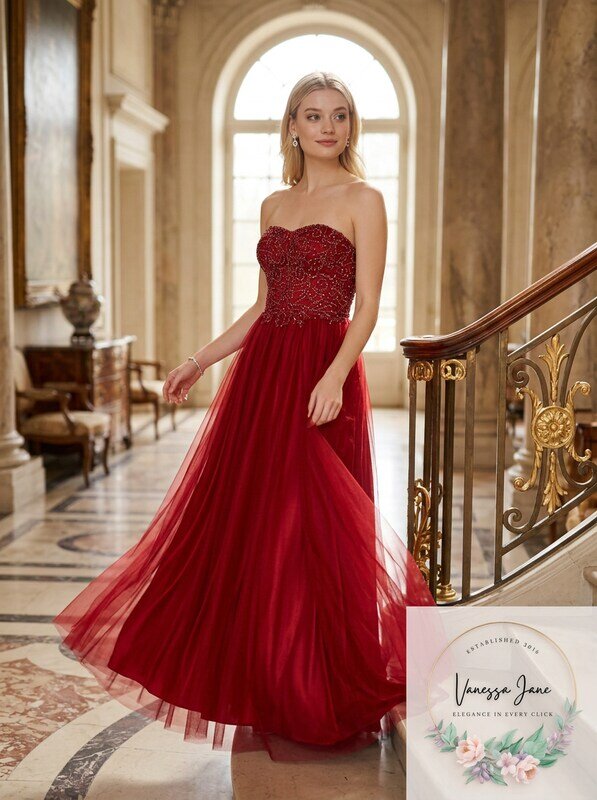 Sequin Hearts Juniors Strapless Rhinestone Gown - Wine, Size 5 by Vanessa Jane