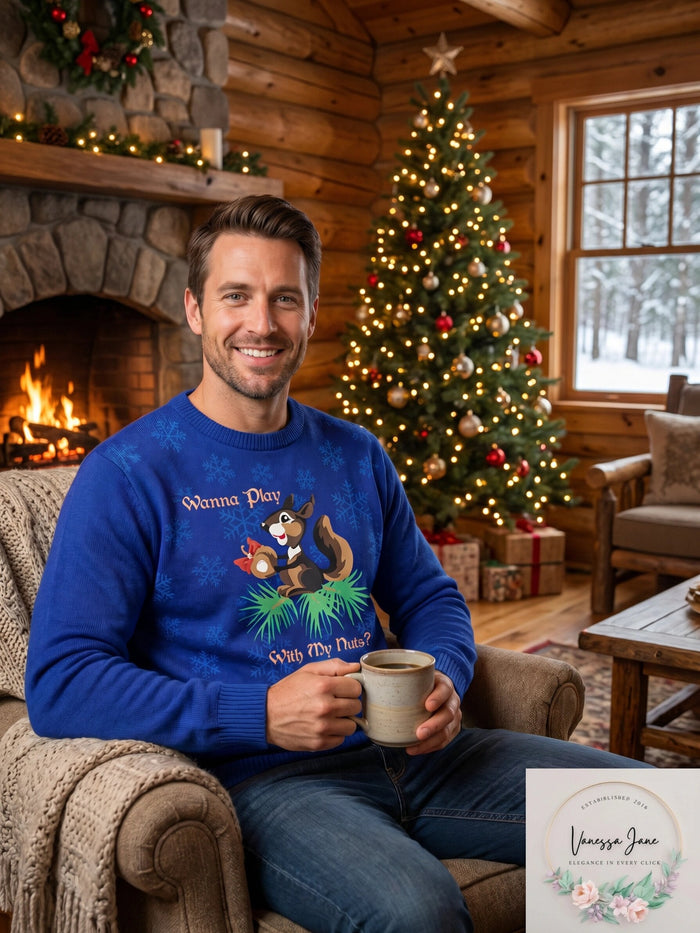 Alex Stevens Mens Play with My Nuts Ugly Christmas Sweater by Vanessa Jane