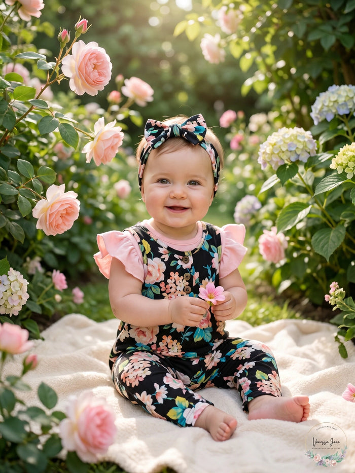 Rare Editions Black Baby Girls Floral Jumpsuit with Headband, Size 3-6Months by Vanessa Jane