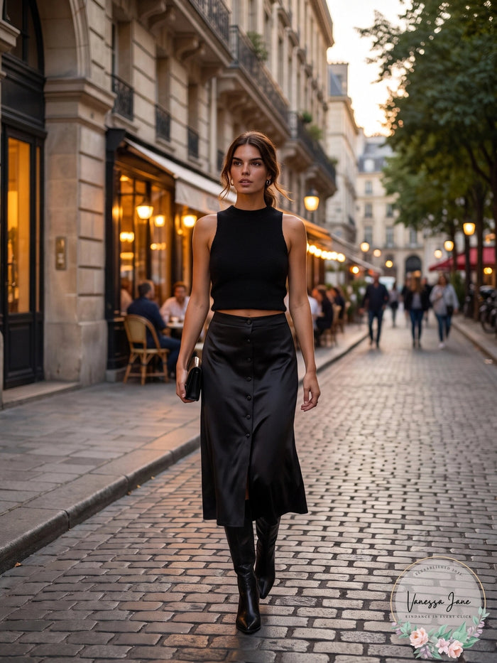 FFREE PEOPLE Analise Button Front Satin Midi Skirt In Black, Size 8 by Vanessa Jane