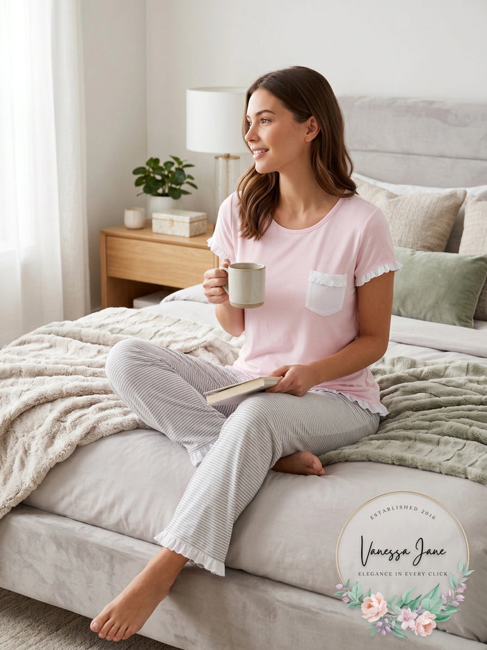 Layla Blush Short Sleeve Ruffle Trim Top by Vanessa Jane