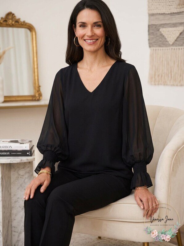 Msk Womens Black Sheer Lined Smocked Cuff Balloon Sleeve V Neck Top, Size Large by Vanessa Jane