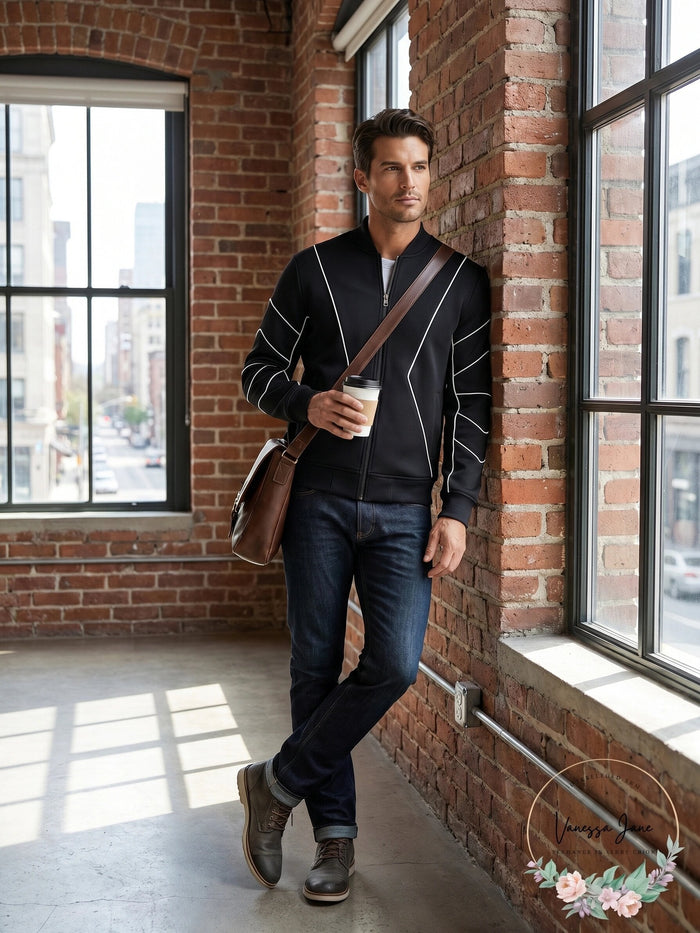 International Concepts Mens Piped Zip-Front Knit Jacket by Vanessa Jane