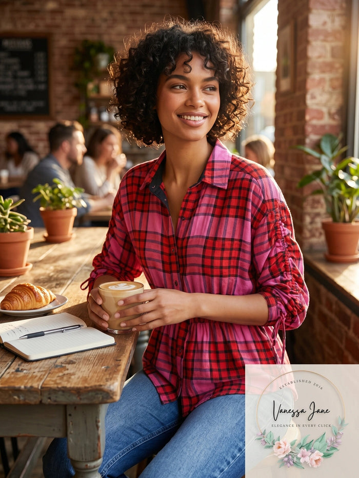 Free People Womens Plaid 3/4 Sleeve Collared Button up Top by Vanessa Jane