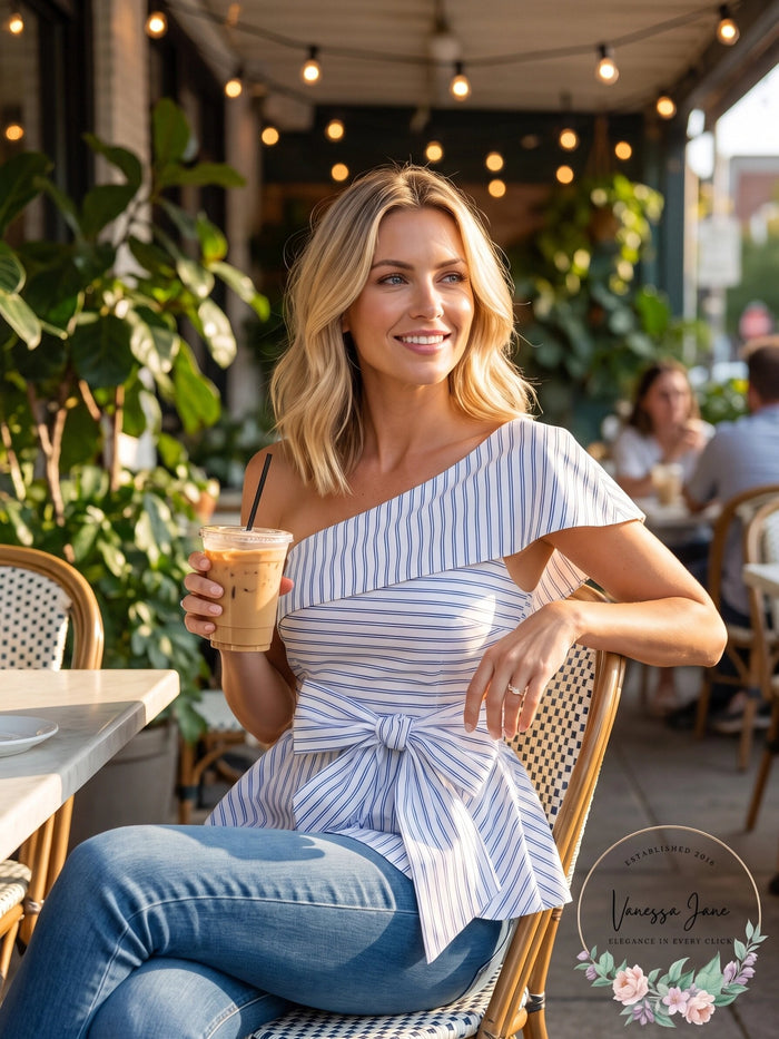 Joa One Shoulder Stripe Peplum Top, Size Large by Vanessa Jane