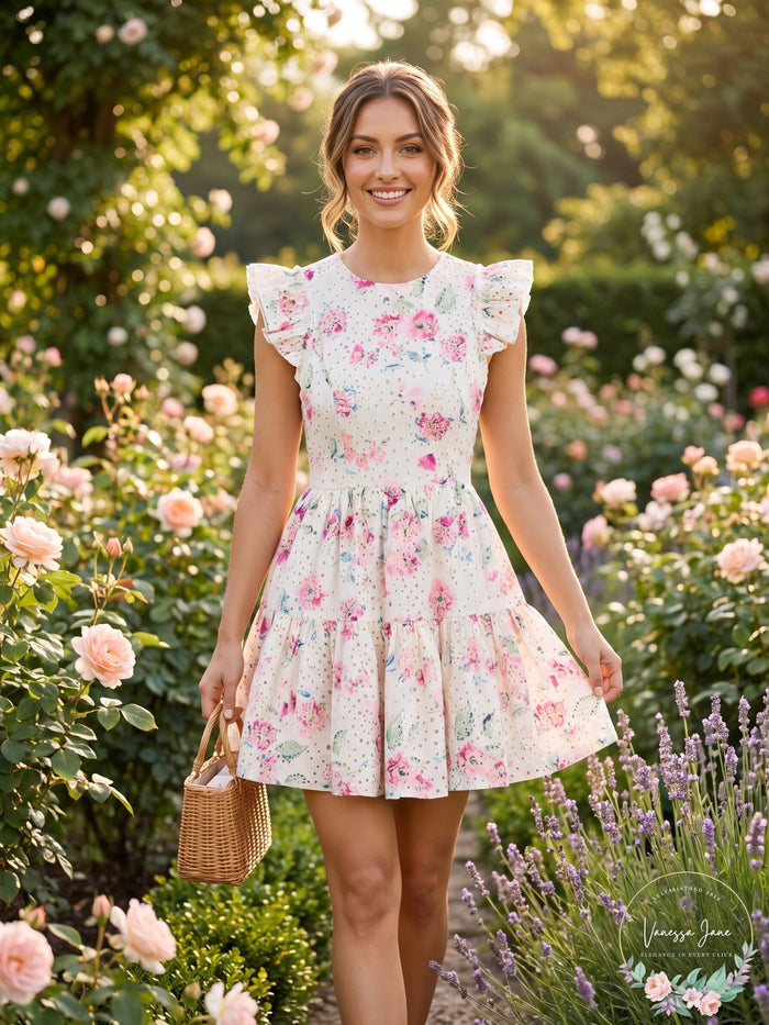 Aqua Printed Eyelet Mini Dress, Size Small by Vanessa Jane