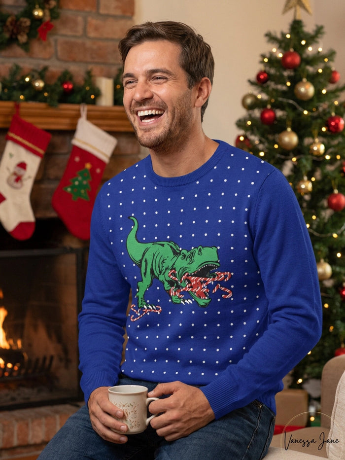 Alex Stevens Mens Candy Cane T-rex Ugly Christmas Sweater by Vanessa Jane