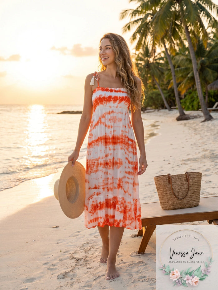 Raviya Womens Coral Tie Dye Stretch Tie Ruffled Midi Dress Smocked Adjustable by Vanessa Jane