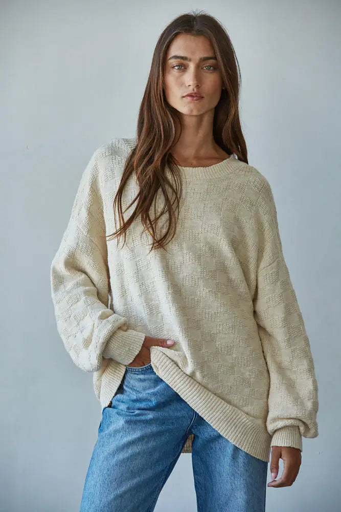 Iona Checkered Knit Pullover: Cream by Boutique 23