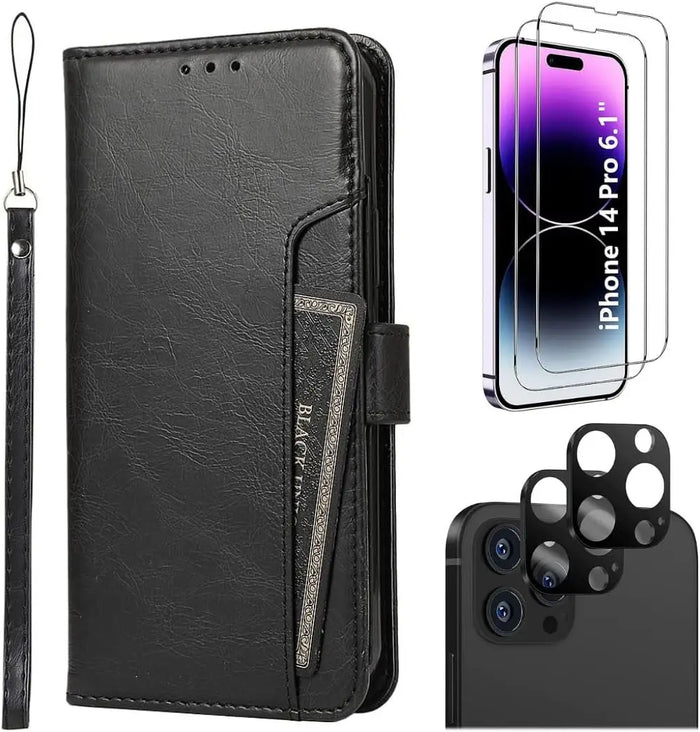 iPhone 14 Pro 6.1-inch Protection Kit Bundle - Folio Wallet Case with Tempered Glass Screen and Camera Protector (Black) by Zerodamage Sahara Case LLC