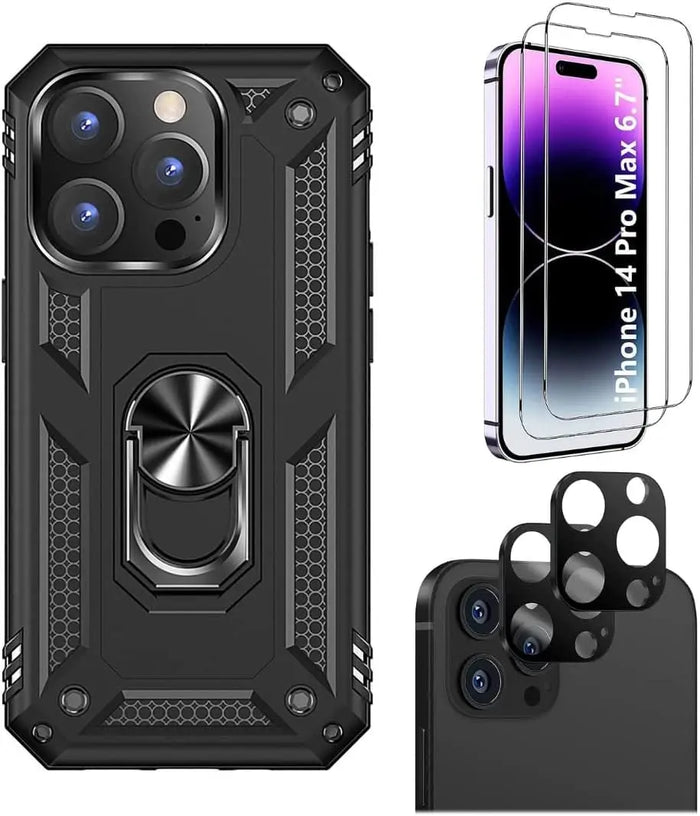 iPhone 14 Pro Max 6.7-inch Protection Kit Bundle - Military Kickstand Series Case with Tempered Glass Screen and Camera Protector - Black by Zerodamage Sahara Case LLC