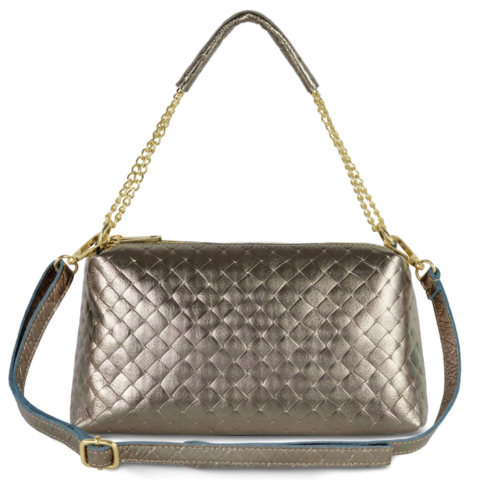Italian Genuine Woven-Embossed Metallic Suede Crossbody Bag | Roma by TAKEASY