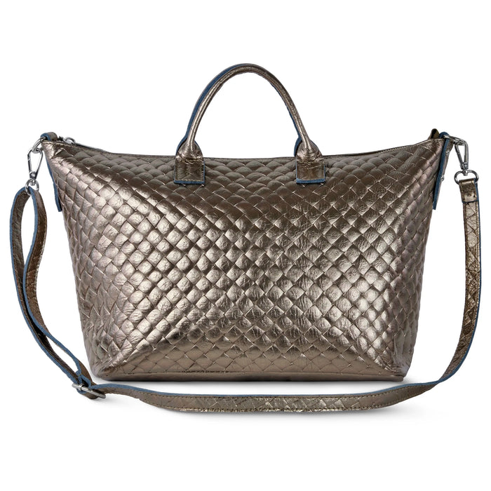 Italian Genuine Woven-Embossed Metallic Suede Top-Handle Bag | Urbino by TAKEASY