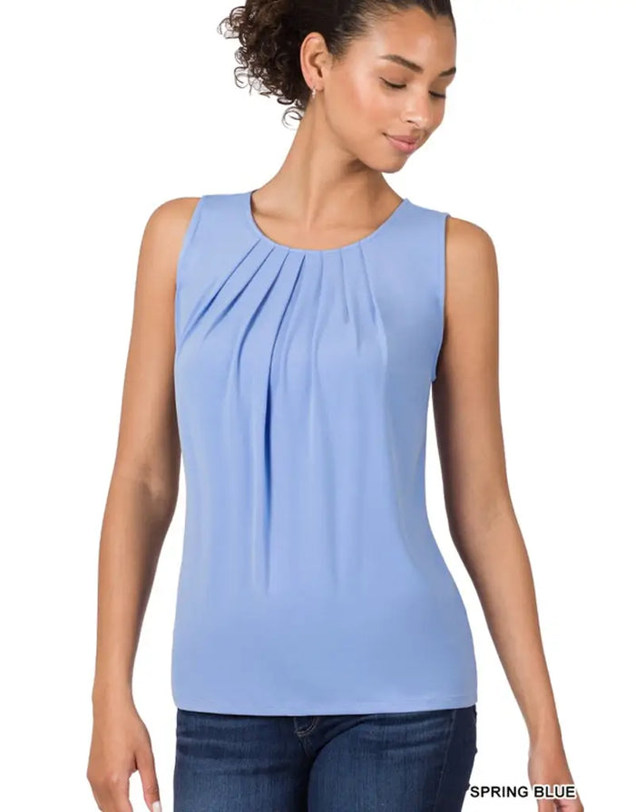 Ity Sleeveless Front Neck Pleat Top - Spring Blue by Boutique 23