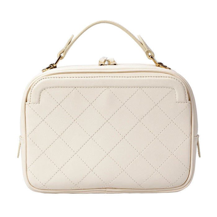 Ivory Quilted Genuine Leather Camera Crossbody Bag With Gold Tone Hardware