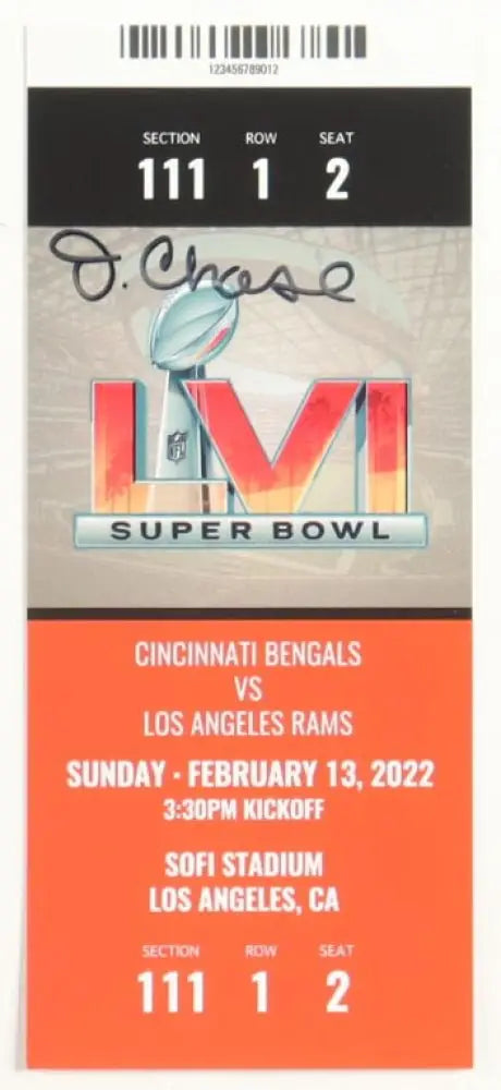 Ja'Marr Chase Signed Super Bowl LVI Commemorative Ticket (PIA) Cincinnati Bengals vs Los Angeles Rams by Price Is Right Miami