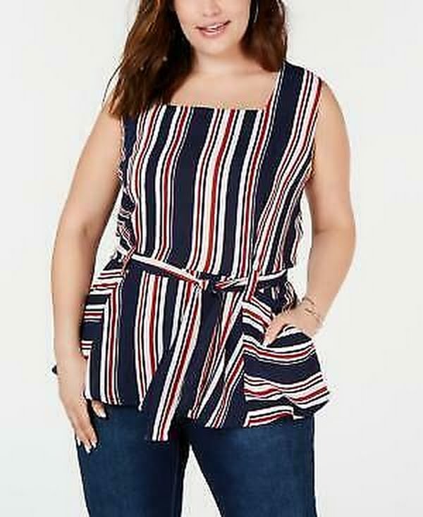 Monteau Trendy Plus Size Striped Tie-Waist Top,Size 2X by Vanessa Jane