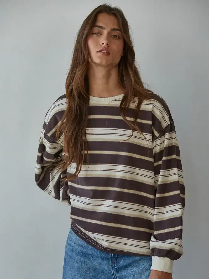 Knit Cotton Multi Striped Crew Neck Long Sleeve Top by Boutique 23