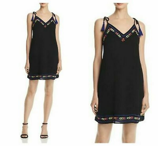 Aqua Tie-Strap Embroidered Shift Dress, Black Multi, XS by Vanessa Jane